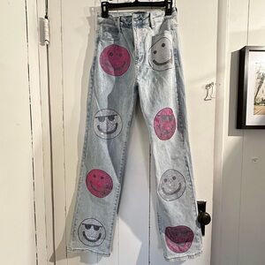 AKIRA Rhinestone Smiley Face Light Blue Jeans